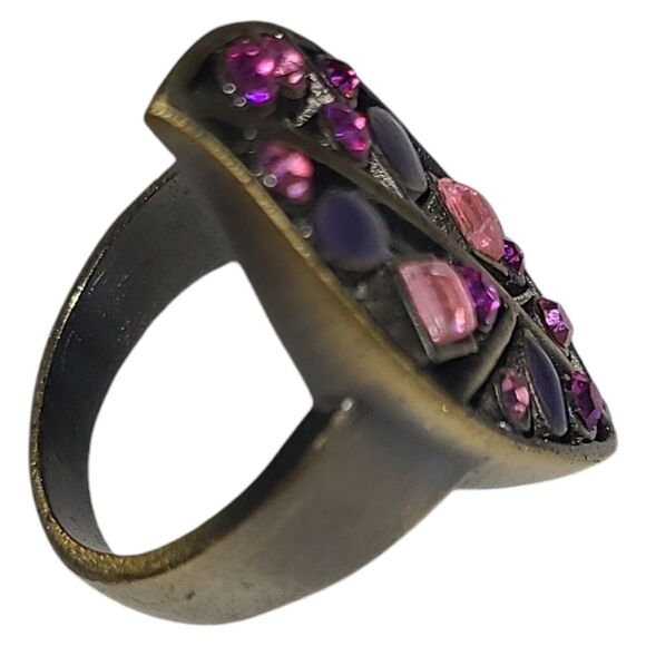 Pink & Purple Rhinestones Bronze Leaf Cut Out Cocktail Ring Size 7 - Picture 3 of 6